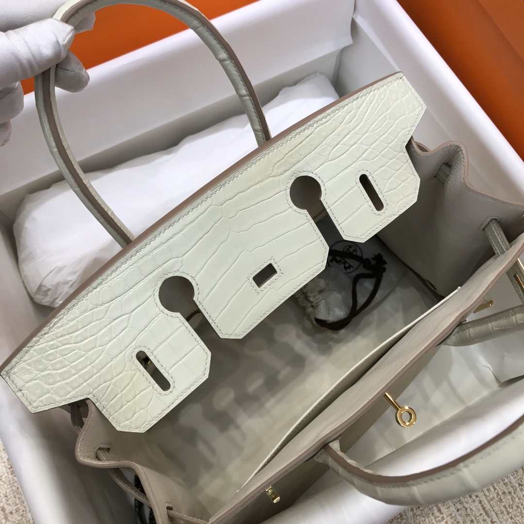 Hermes Touch Birkin 30CM Handbag In White Clemence and Matte Alligator Crocodile Skin